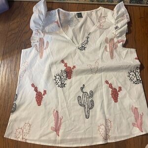 SHEIN White Cactus Print Ruffle Sleeve Blouse